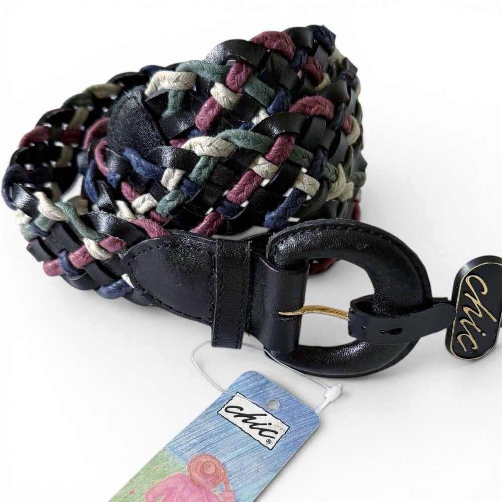 Women's Vintage Chic Braided Woven Leather Belt Multi-Color Rainbow XL NEW NWT